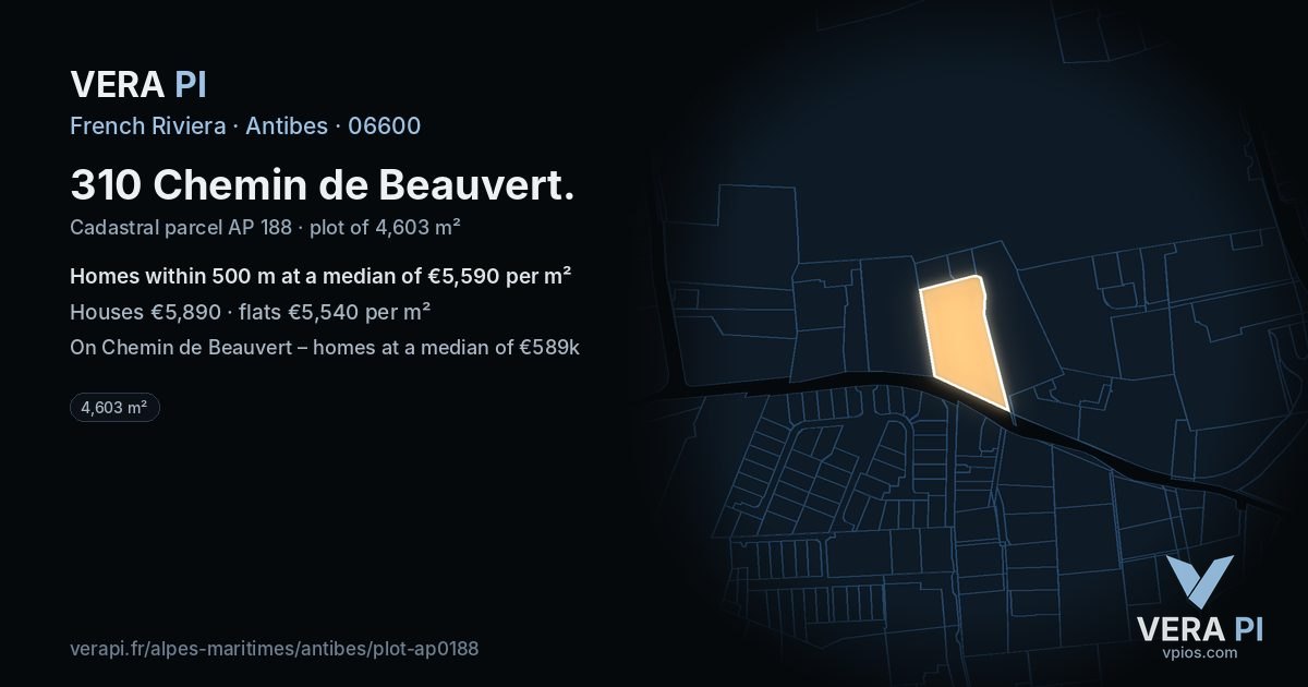 310 Chemin de Beauvert, Antibes at night – the plot lit, the parcels around coloured by the prices near them