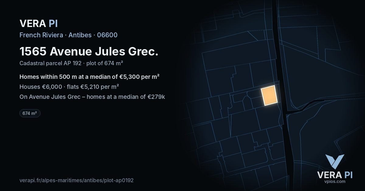 1565 Avenue Jules Grec, Antibes at night – the plot lit, the parcels around coloured by the prices near them