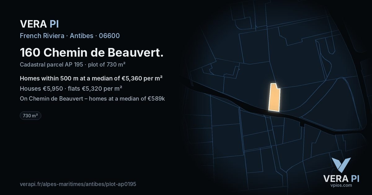 160 Chemin de Beauvert, Antibes at night – the plot lit, the parcels around coloured by the prices near them