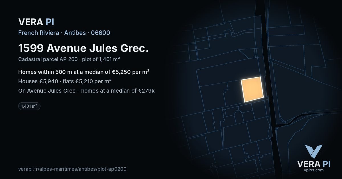 1599 Avenue Jules Grec, Antibes at night – the plot lit, the parcels around coloured by the prices near them