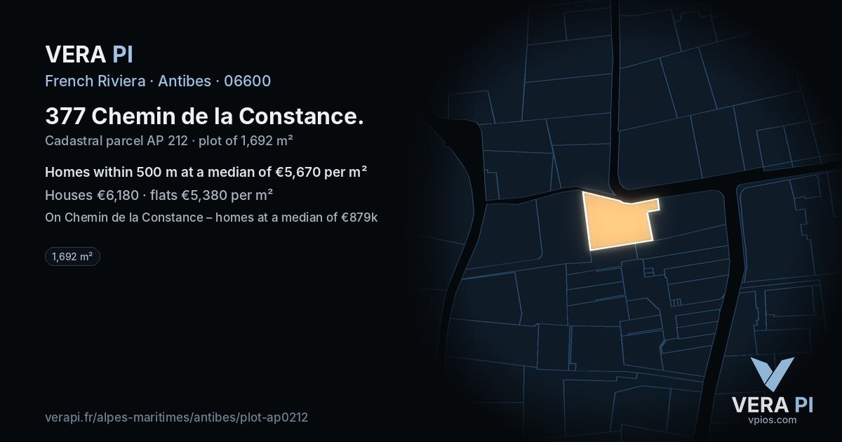 377 Chemin de la Constance, Antibes at night – the plot lit, the parcels around coloured by the prices near them
