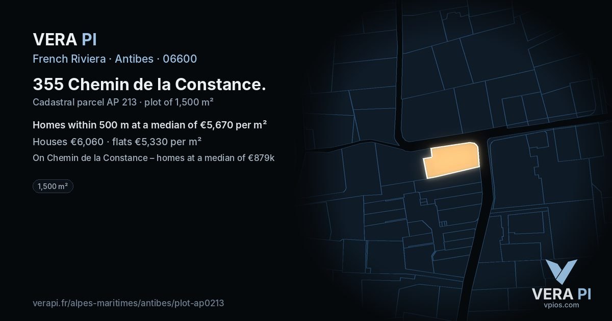 355 Chemin de la Constance, Antibes at night – the plot lit, the parcels around coloured by the prices near them