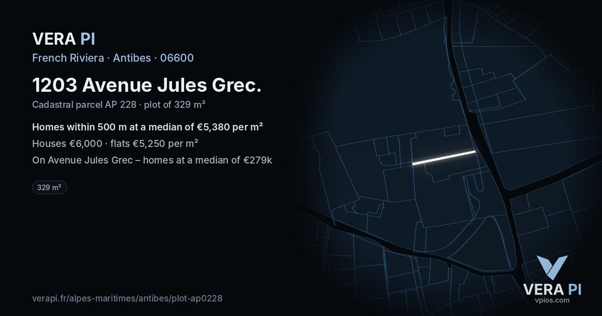 1203 Avenue Jules Grec, Antibes at night – the plot lit, the parcels around coloured by the prices near them