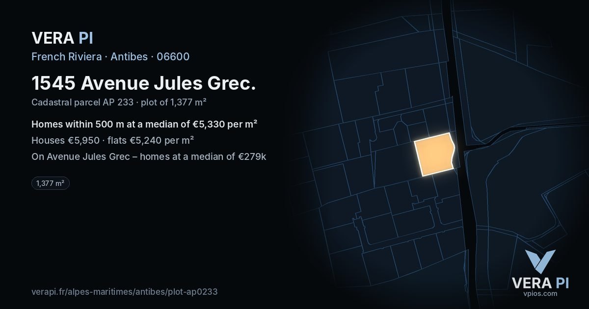 1545 Avenue Jules Grec, Antibes at night – the plot lit, the parcels around coloured by the prices near them