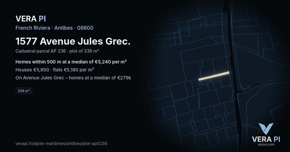 1577 Avenue Jules Grec, Antibes at night – the plot lit, the parcels around coloured by the prices near them