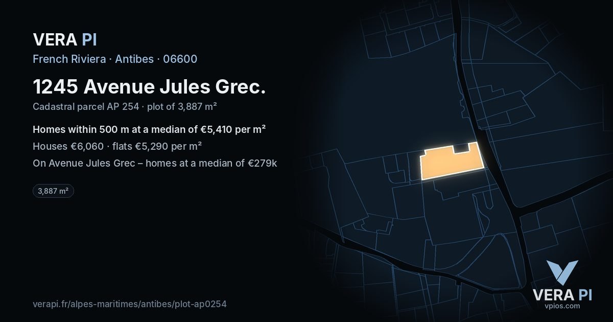 1245 Avenue Jules Grec, Antibes at night – the plot lit, the parcels around coloured by the prices near them