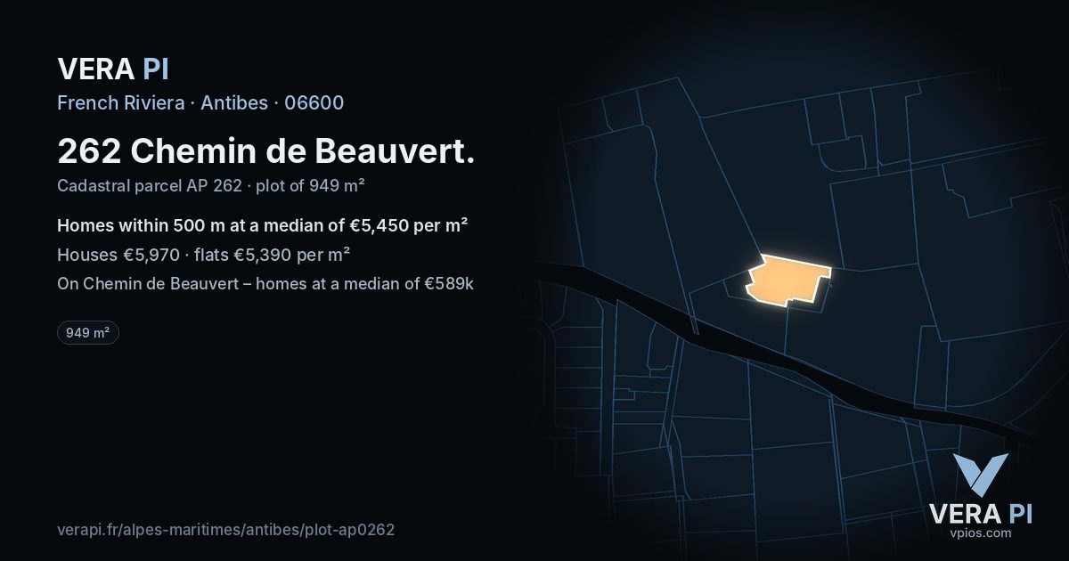 262 Chemin de Beauvert, Antibes at night – the plot lit, the parcels around coloured by the prices near them