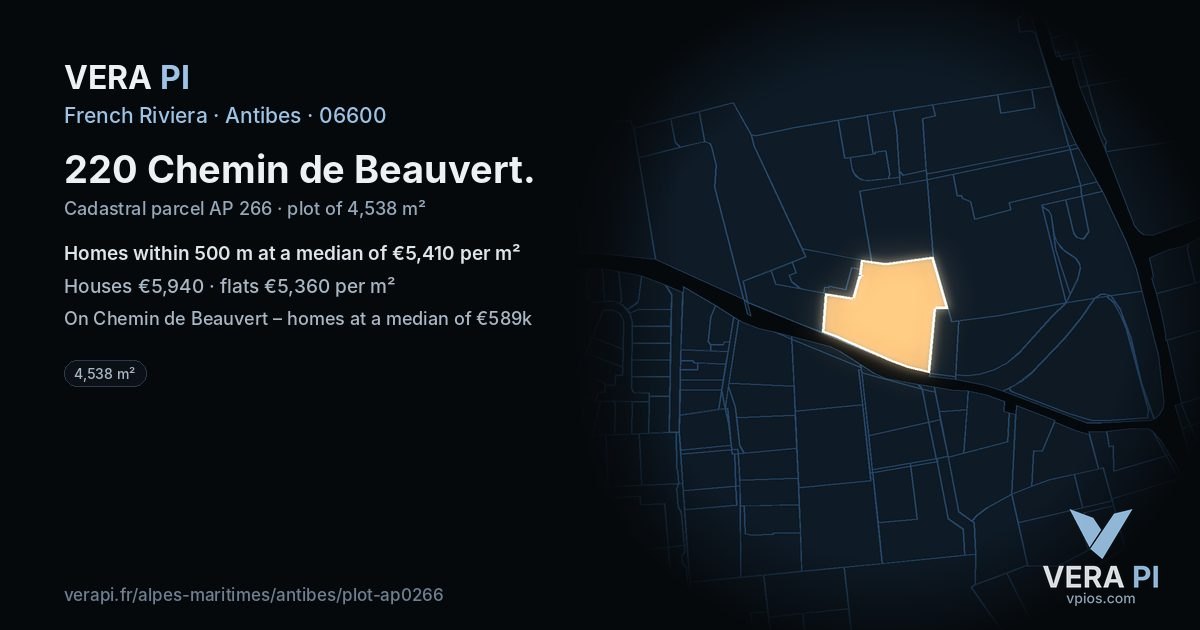 220 Chemin de Beauvert, Antibes at night – the plot lit, the parcels around coloured by the prices near them