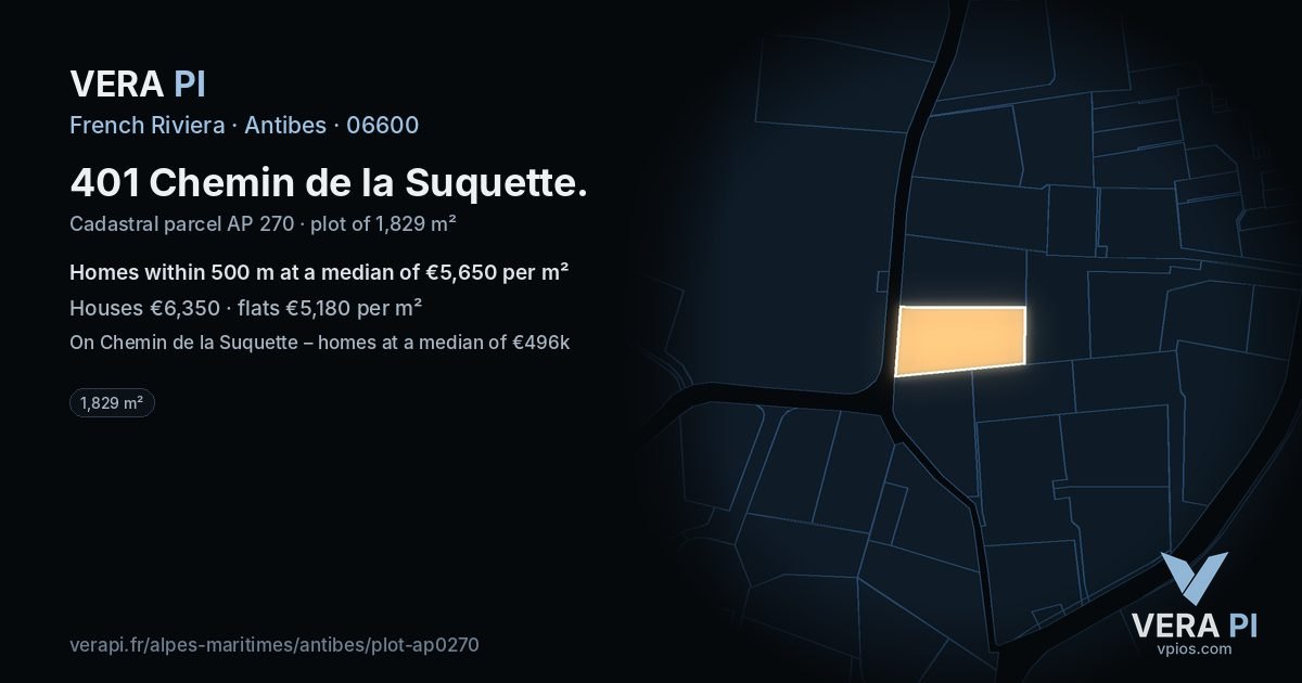 401 Chemin de la Suquette, Antibes at night – the plot lit, the parcels around coloured by the prices near them