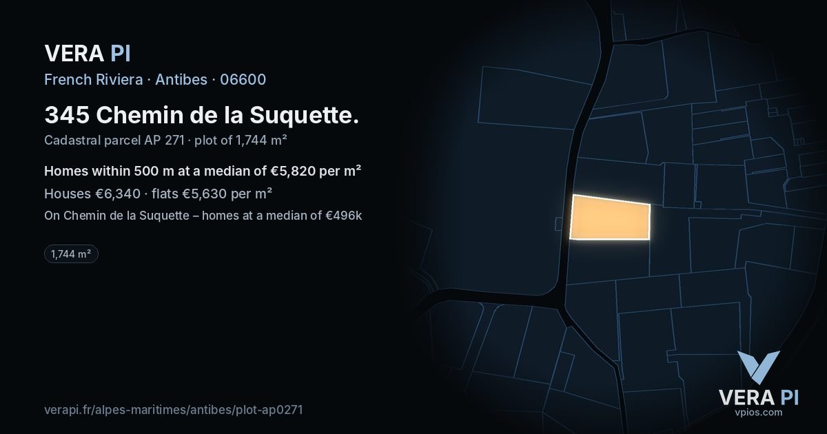 345 Chemin de la Suquette, Antibes at night – the plot lit, the parcels around coloured by the prices near them