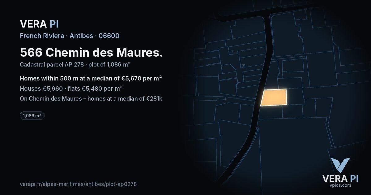566 Chemin des Maures, Antibes at night – the plot lit, the parcels around coloured by the prices near them