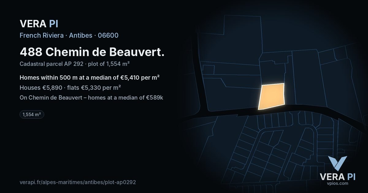 488 Chemin de Beauvert, Antibes at night – the plot lit, the parcels around coloured by the prices near them