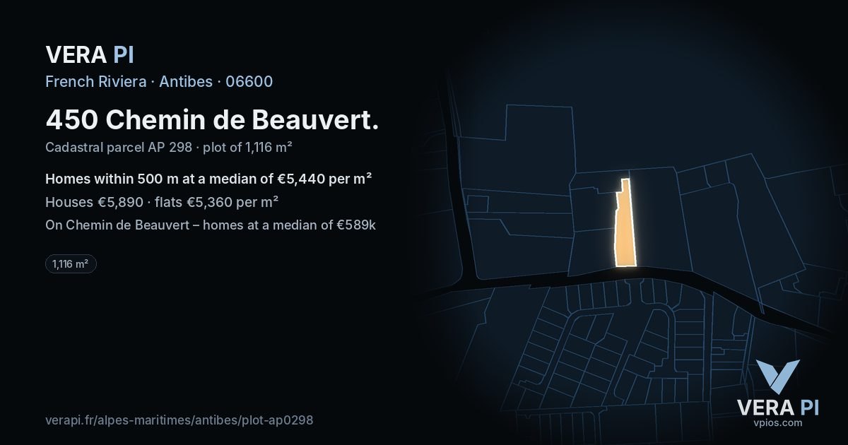 450 Chemin de Beauvert, Antibes at night – the plot lit, the parcels around coloured by the prices near them
