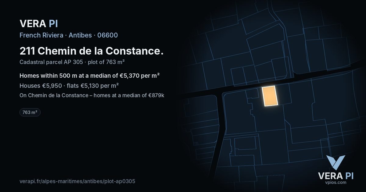 211 Chemin de la Constance, Antibes at night – the plot lit, the parcels around coloured by the prices near them