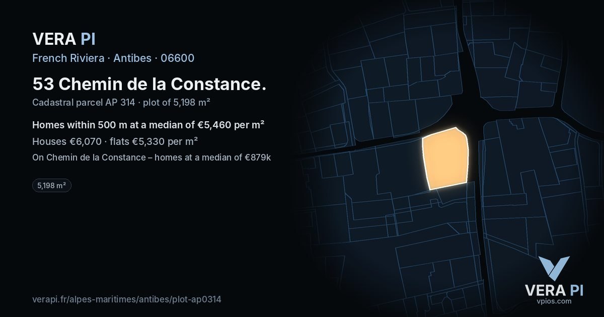 53 Chemin de la Constance, Antibes at night – the plot lit, the parcels around coloured by the prices near them