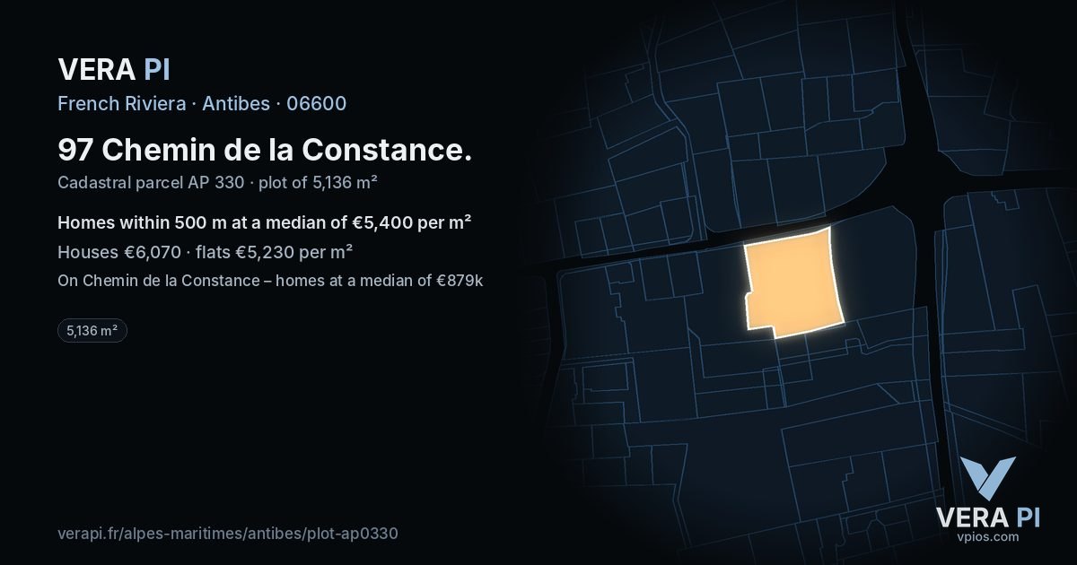 97 Chemin de la Constance, Antibes at night – the plot lit, the parcels around coloured by the prices near them