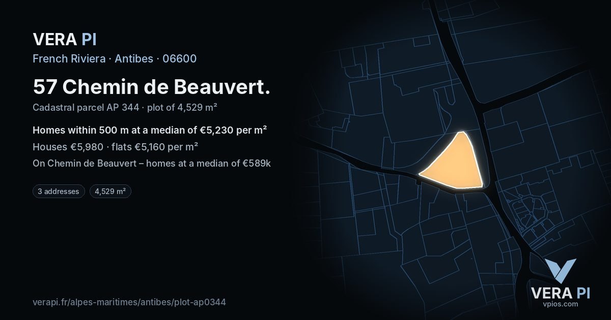 57 Chemin de Beauvert, Antibes at night – the plot lit, the parcels around coloured by the prices near them