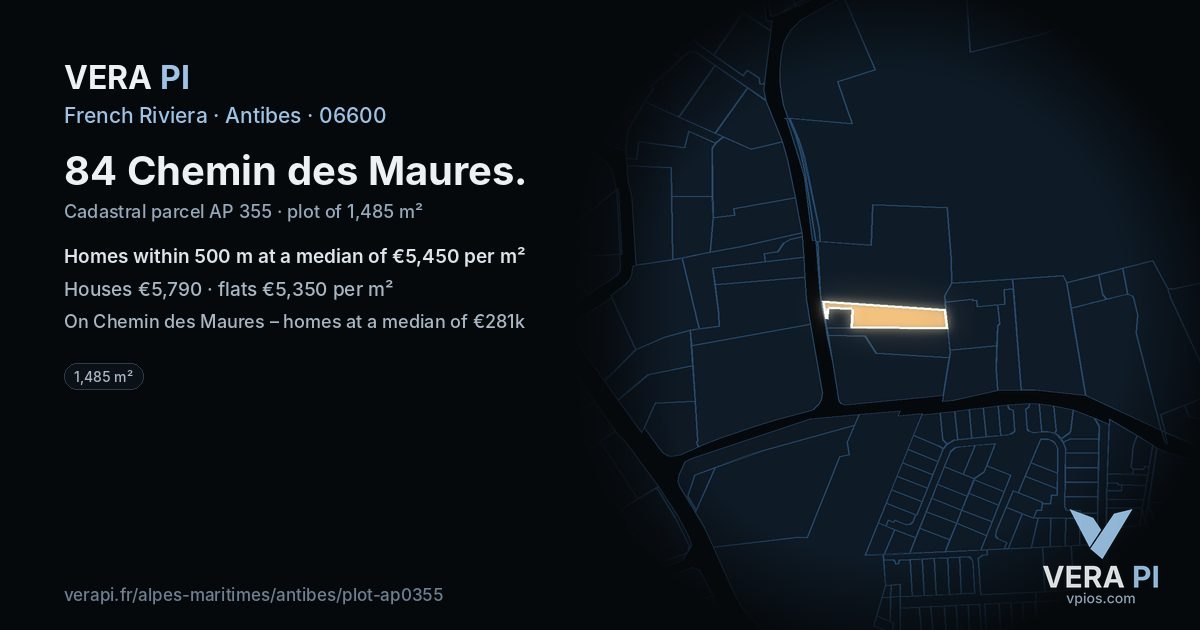 84 Chemin des Maures, Antibes at night – the plot lit, the parcels around coloured by the prices near them