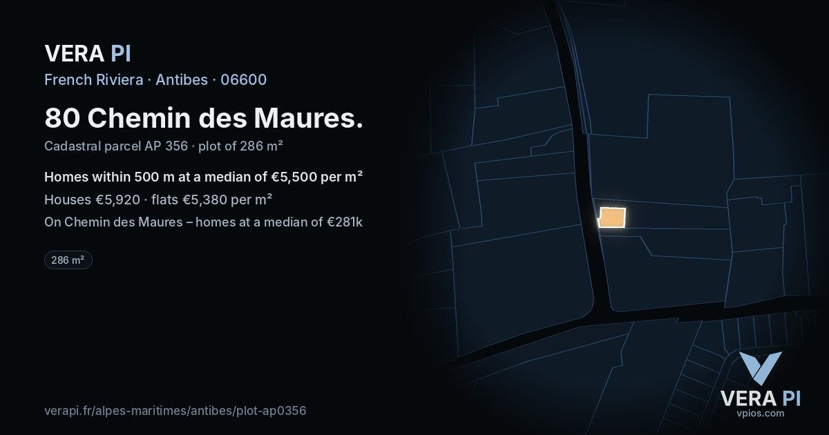 80 Chemin des Maures, Antibes at night – the plot lit, the parcels around coloured by the prices near them