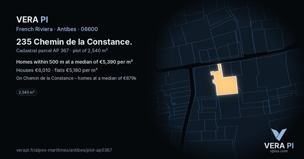 235 Chemin de la Constance, Antibes at night – the plot lit, the parcels around coloured by the prices near them