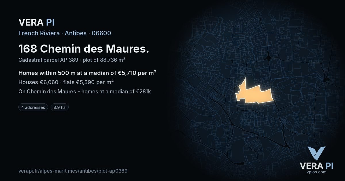168 Chemin des Maures, Antibes at night – the plot lit, the parcels around coloured by the prices near them