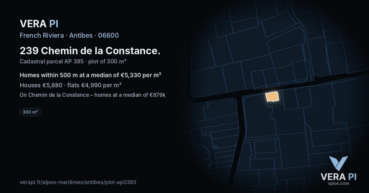 239 Chemin de la Constance, Antibes at night – the plot lit, the parcels around coloured by the prices near them