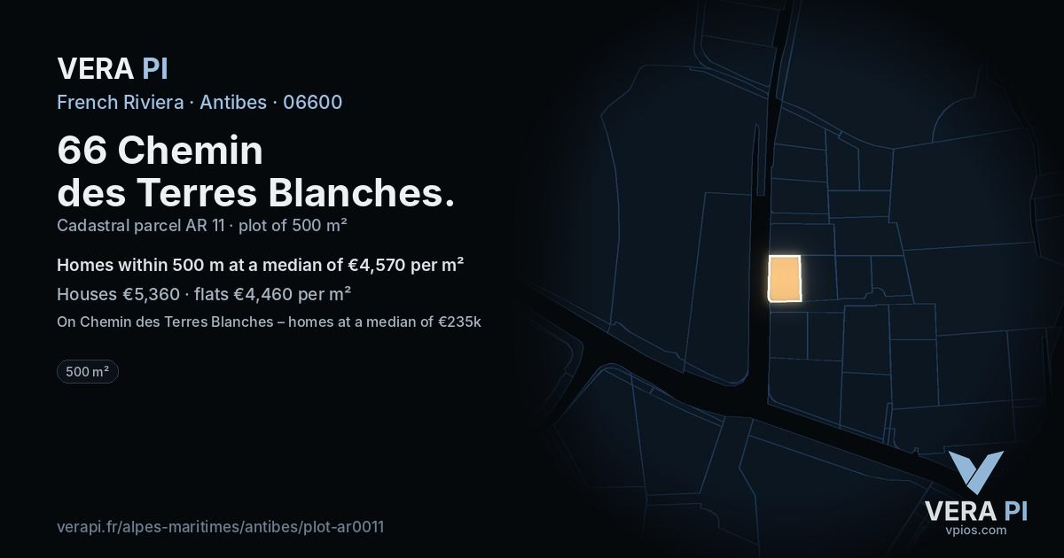 66 Chemin des Terres Blanches, Antibes at night – the plot lit, the parcels around coloured by the prices near them