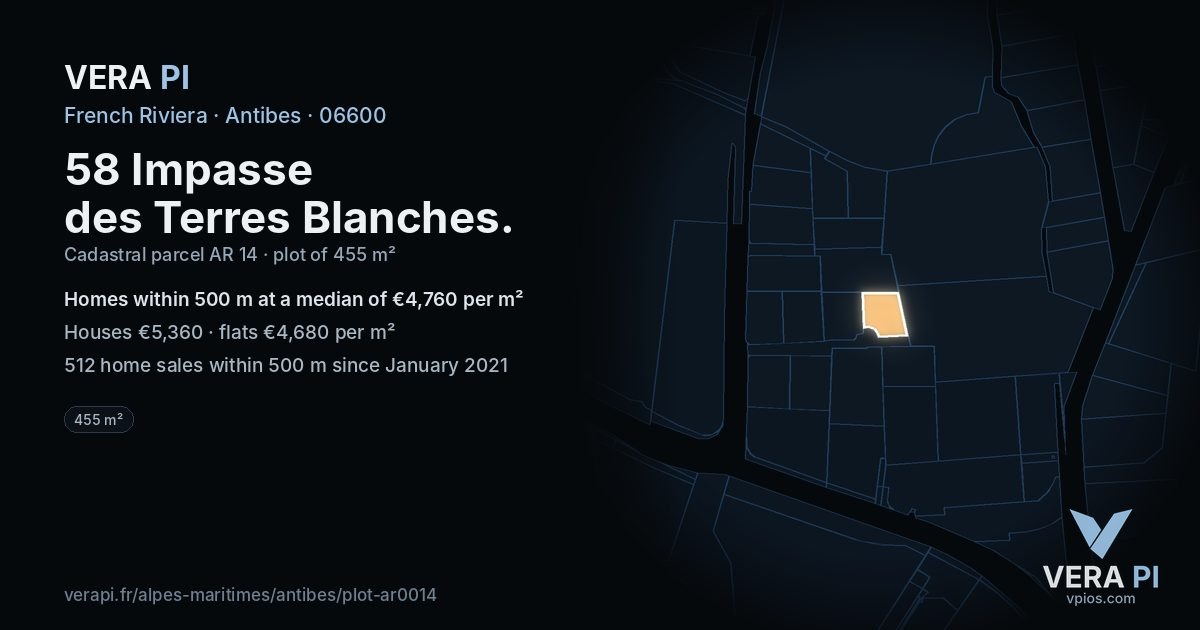 58 Impasse des Terres Blanches, Antibes at night – the plot lit, the parcels around coloured by the prices near them