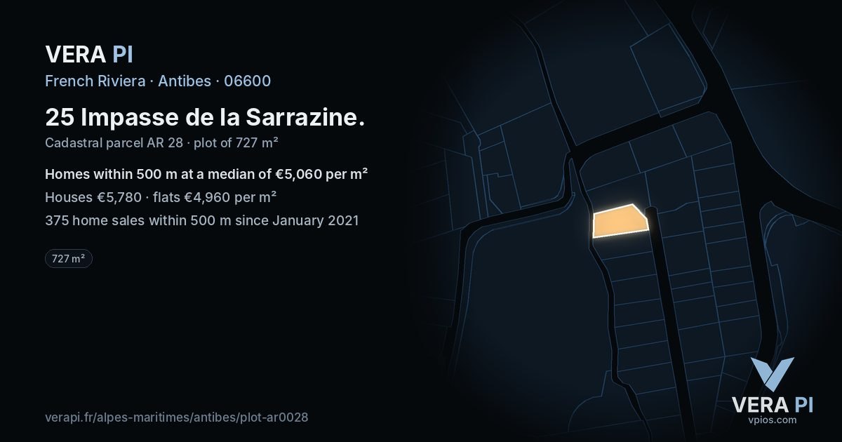 25 Impasse de la Sarrazine, Antibes at night – the plot lit, the parcels around coloured by the prices near them