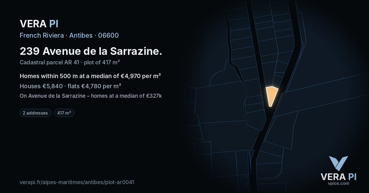 239 Avenue de la Sarrazine, Antibes at night – the plot lit, the parcels around coloured by the prices near them