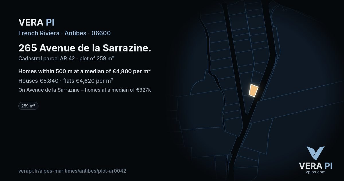 265 Avenue de la Sarrazine, Antibes at night – the plot lit, the parcels around coloured by the prices near them