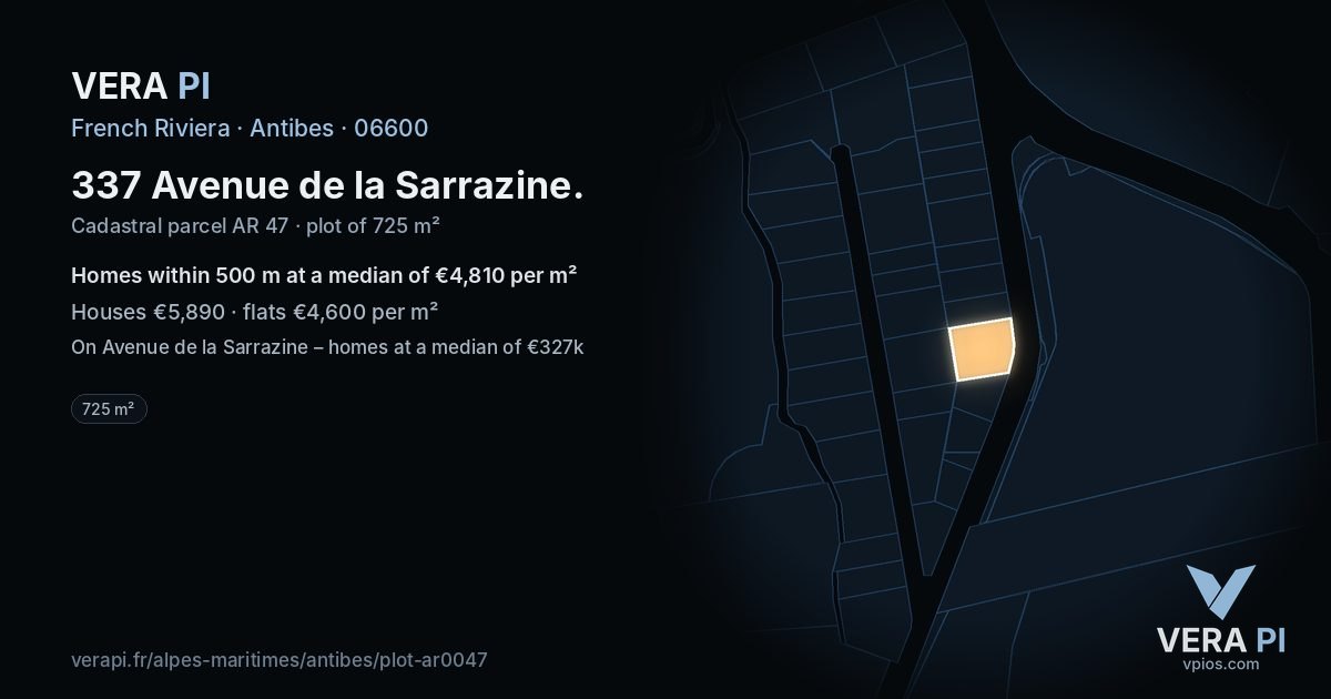 337 Avenue de la Sarrazine, Antibes at night – the plot lit, the parcels around coloured by the prices near them