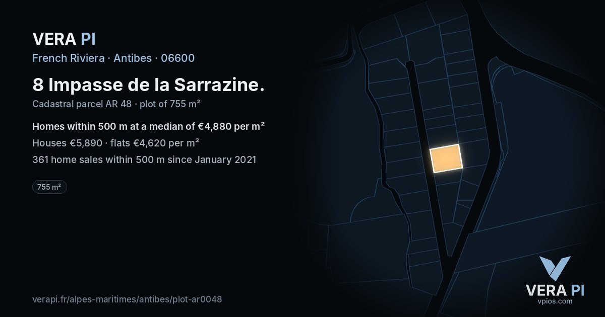 8 Impasse de la Sarrazine, Antibes at night – the plot lit, the parcels around coloured by the prices near them