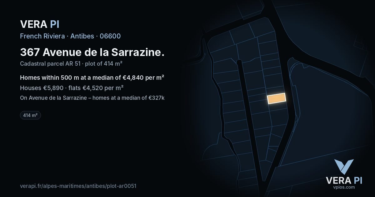 367 Avenue de la Sarrazine, Antibes at night – the plot lit, the parcels around coloured by the prices near them