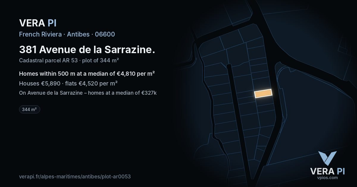 381 Avenue de la Sarrazine, Antibes at night – the plot lit, the parcels around coloured by the prices near them