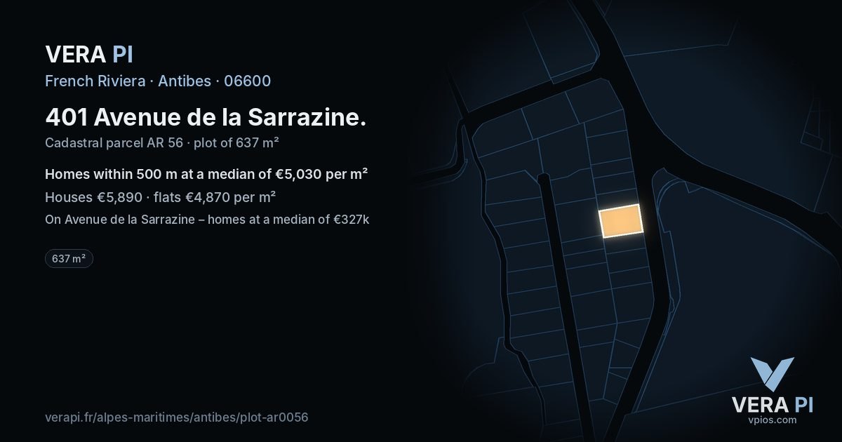 401 Avenue de la Sarrazine, Antibes at night – the plot lit, the parcels around coloured by the prices near them