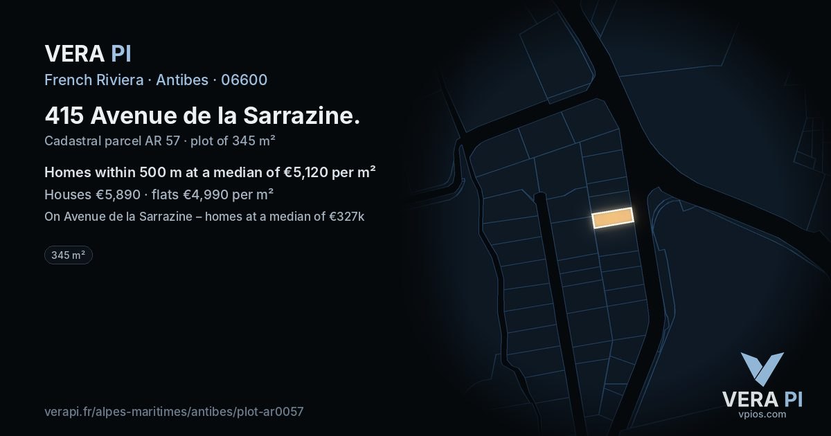 415 Avenue de la Sarrazine, Antibes at night – the plot lit, the parcels around coloured by the prices near them