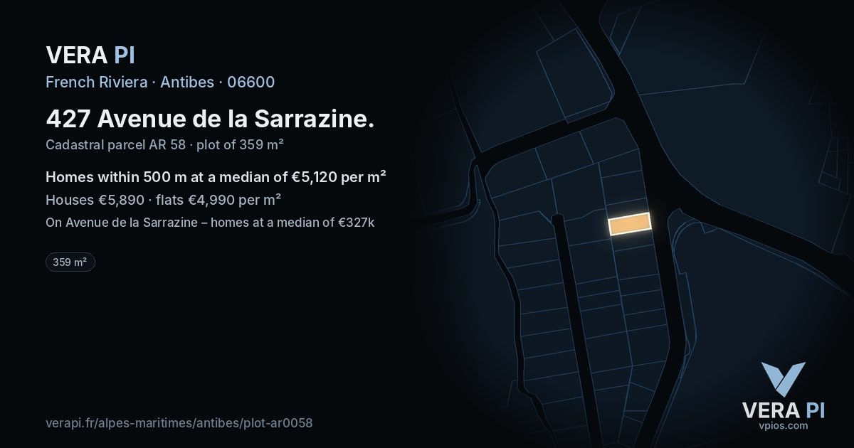 427 Avenue de la Sarrazine, Antibes at night – the plot lit, the parcels around coloured by the prices near them