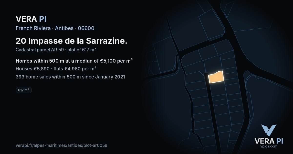 20 Impasse de la Sarrazine, Antibes at night – the plot lit, the parcels around coloured by the prices near them
