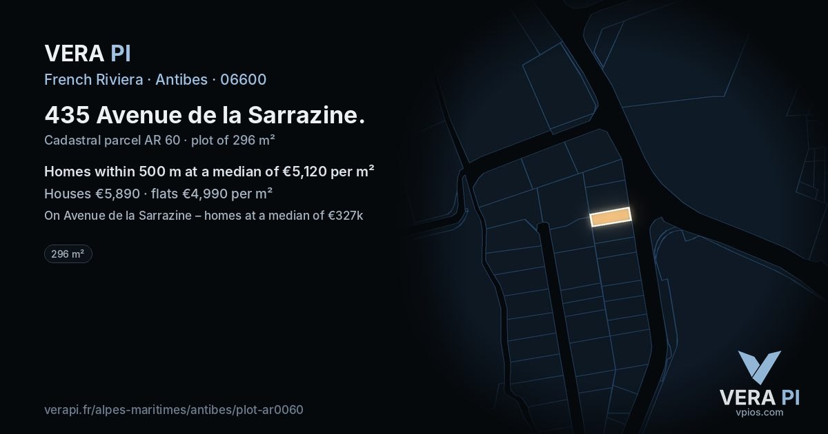 435 Avenue de la Sarrazine, Antibes at night – the plot lit, the parcels around coloured by the prices near them