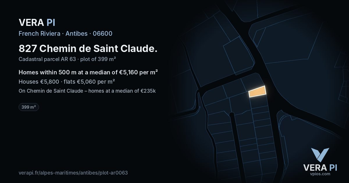 827 Chemin de Saint Claude, Antibes at night – the plot lit, the parcels around coloured by the prices near them