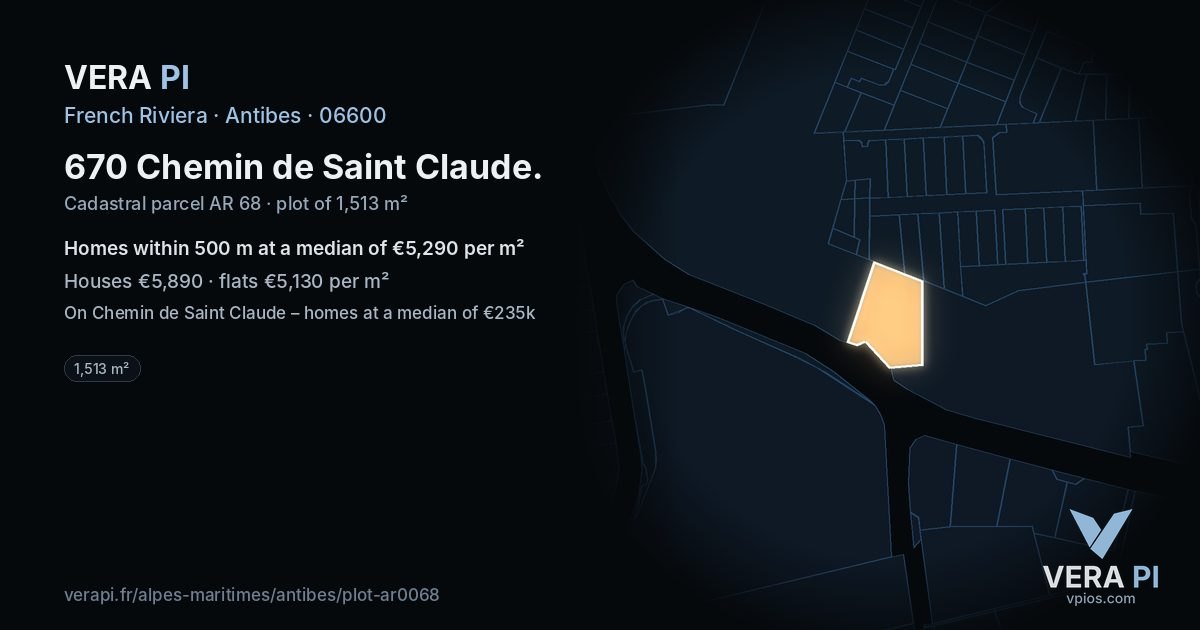 670 Chemin de Saint Claude, Antibes at night – the plot lit, the parcels around coloured by the prices near them