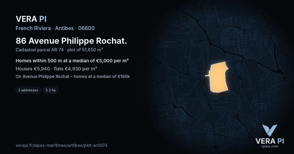 86 Avenue Philippe Rochat, Antibes at night – the plot lit, the parcels around coloured by the prices near them