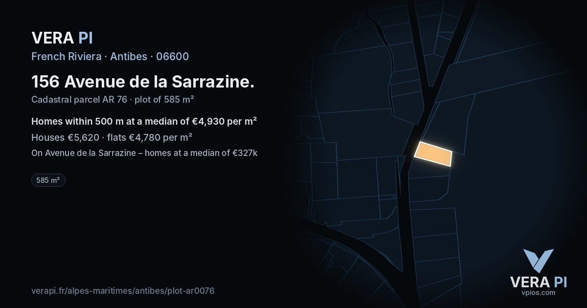 156 Avenue de la Sarrazine, Antibes at night – the plot lit, the parcels around coloured by the prices near them