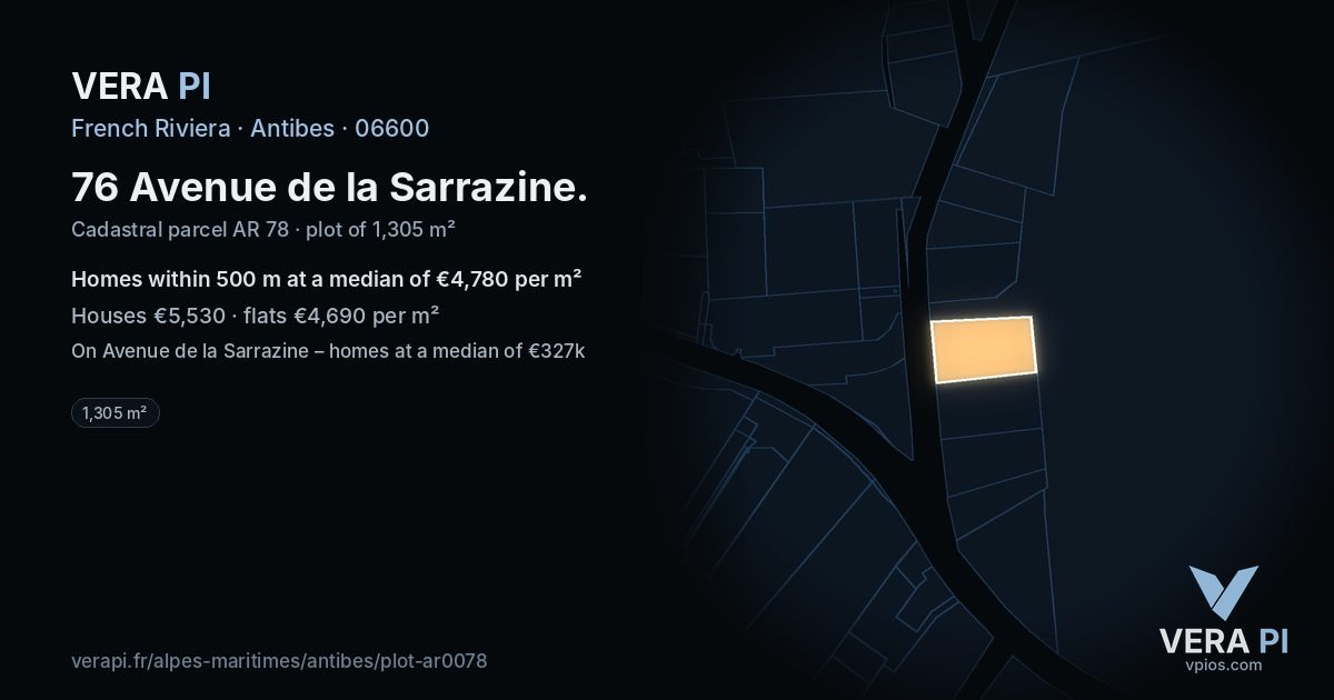 76 Avenue de la Sarrazine, Antibes at night – the plot lit, the parcels around coloured by the prices near them