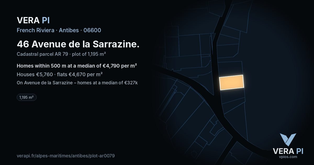 46 Avenue de la Sarrazine, Antibes at night – the plot lit, the parcels around coloured by the prices near them
