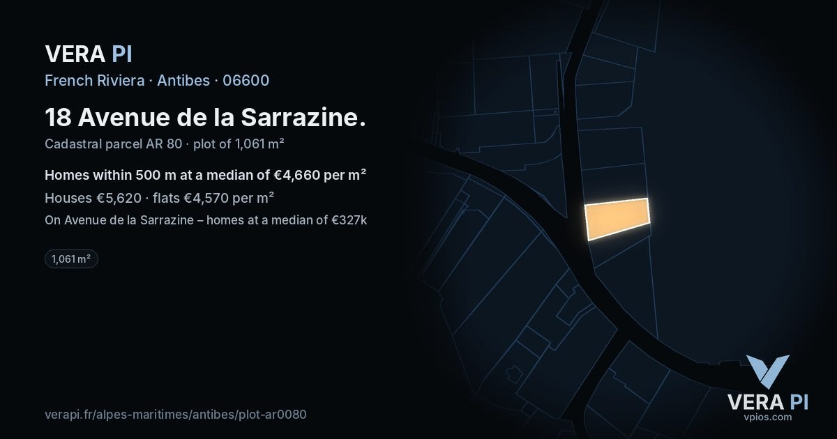 18 Avenue de la Sarrazine, Antibes at night – the plot lit, the parcels around coloured by the prices near them