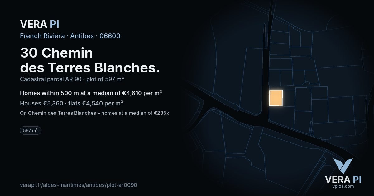 30 Chemin des Terres Blanches, Antibes at night – the plot lit, the parcels around coloured by the prices near them
