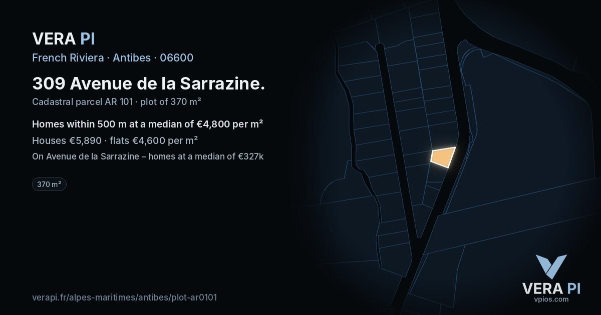 309 Avenue de la Sarrazine, Antibes at night – the plot lit, the parcels around coloured by the prices near them