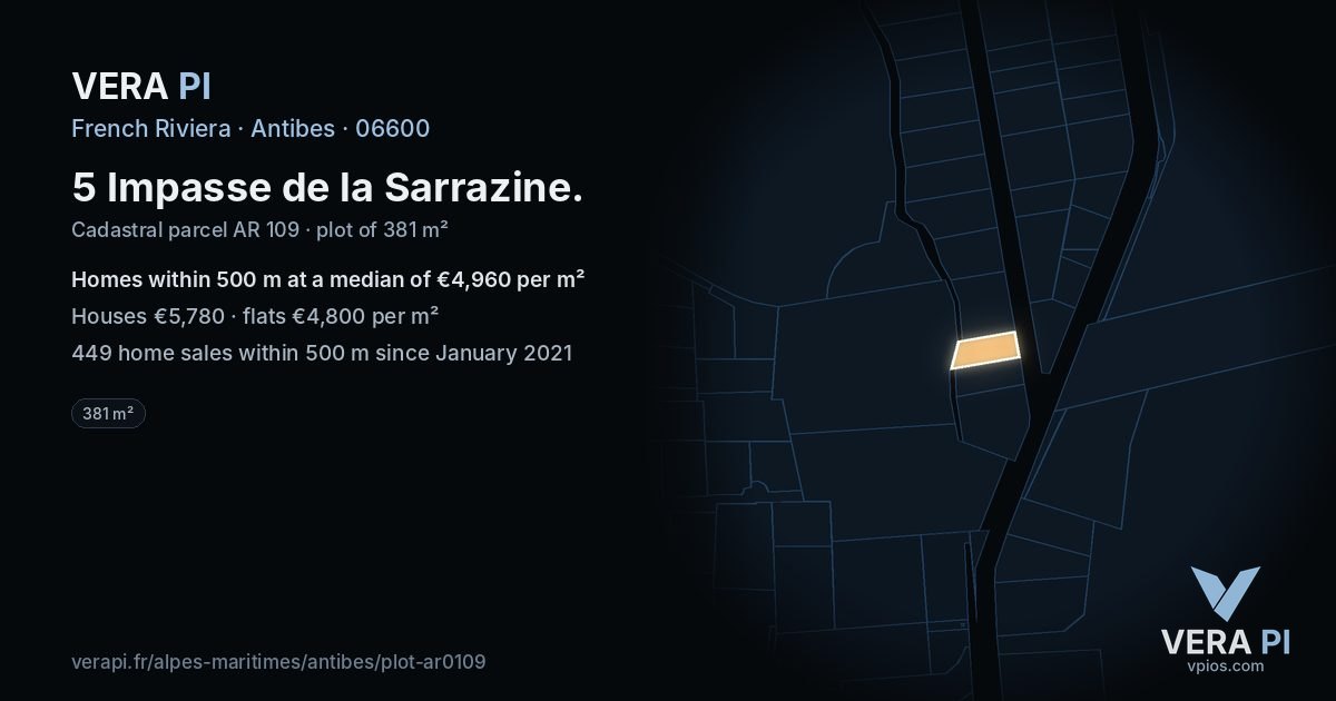 5 Impasse de la Sarrazine, Antibes at night – the plot lit, the parcels around coloured by the prices near them